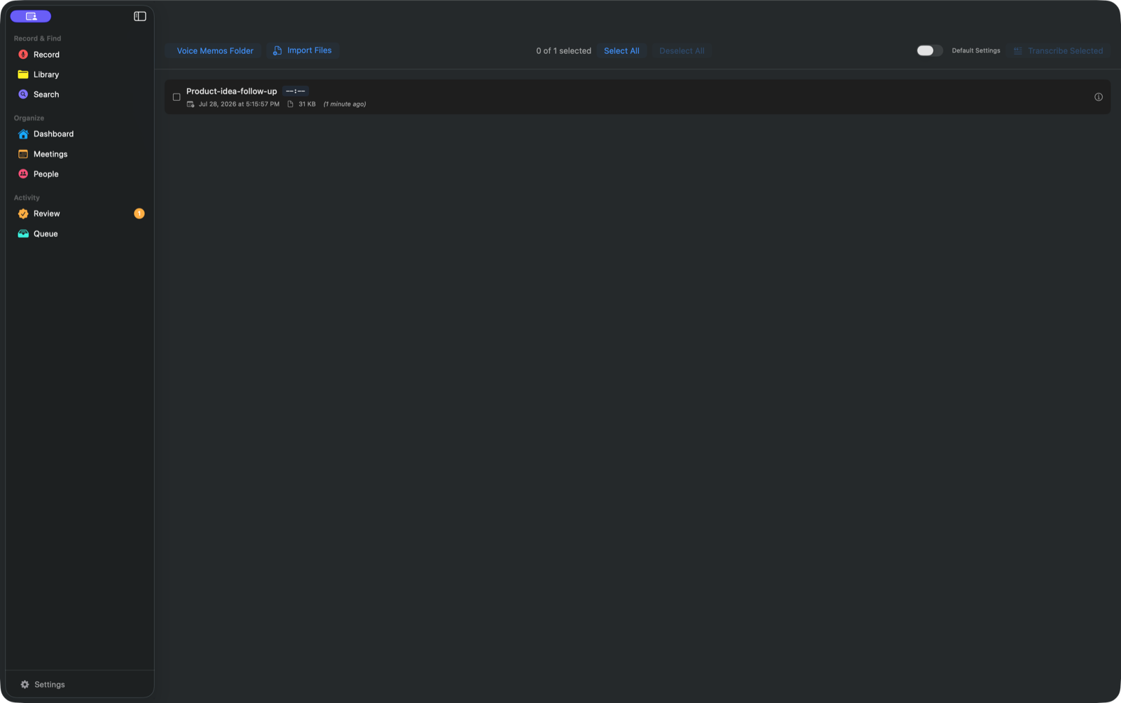AlmRecorder Import view with buttons for audio files and the Apple Voice Memos folder.
