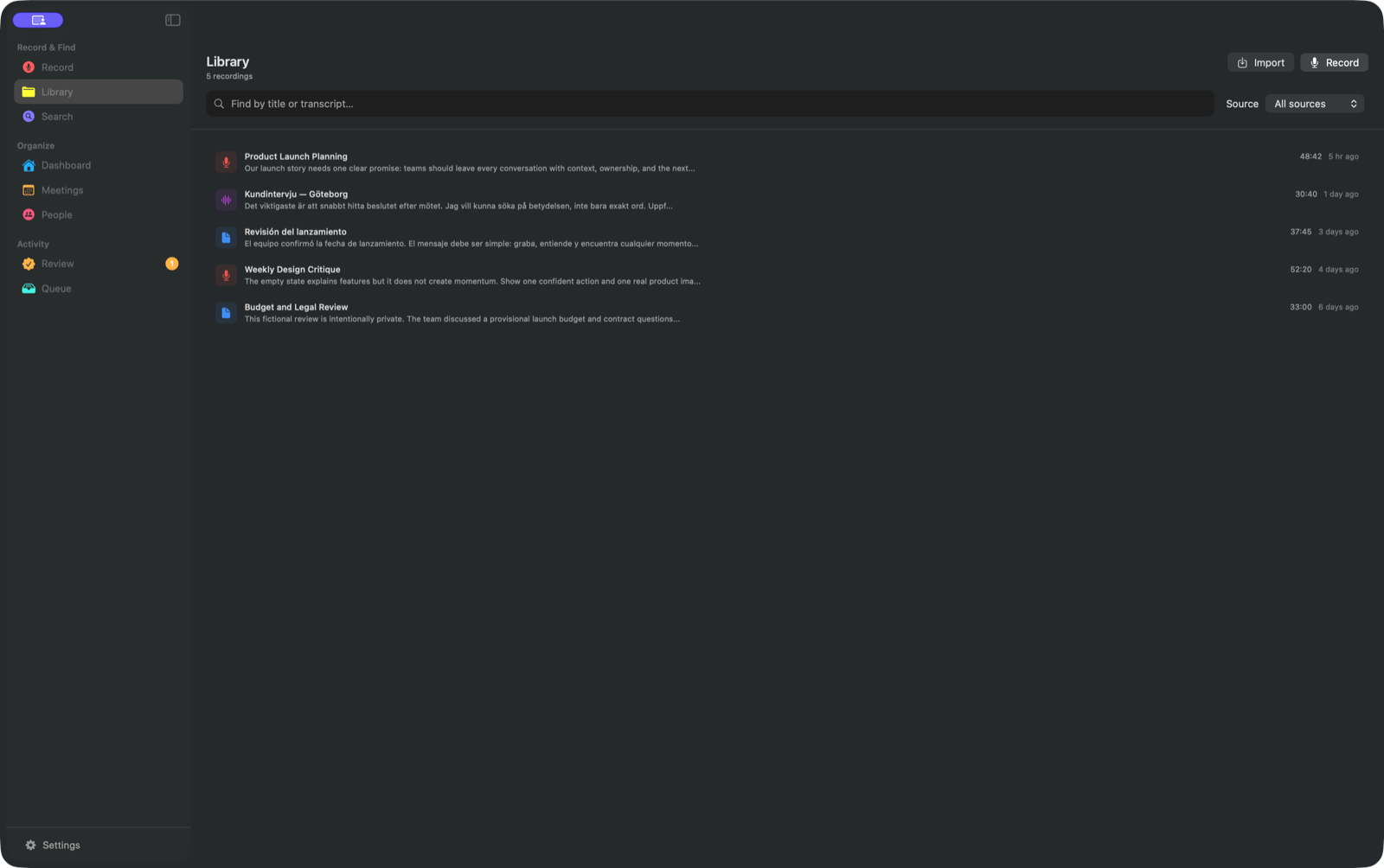 AlmRecorder Library with recordings in English, Swedish, and Spanish.