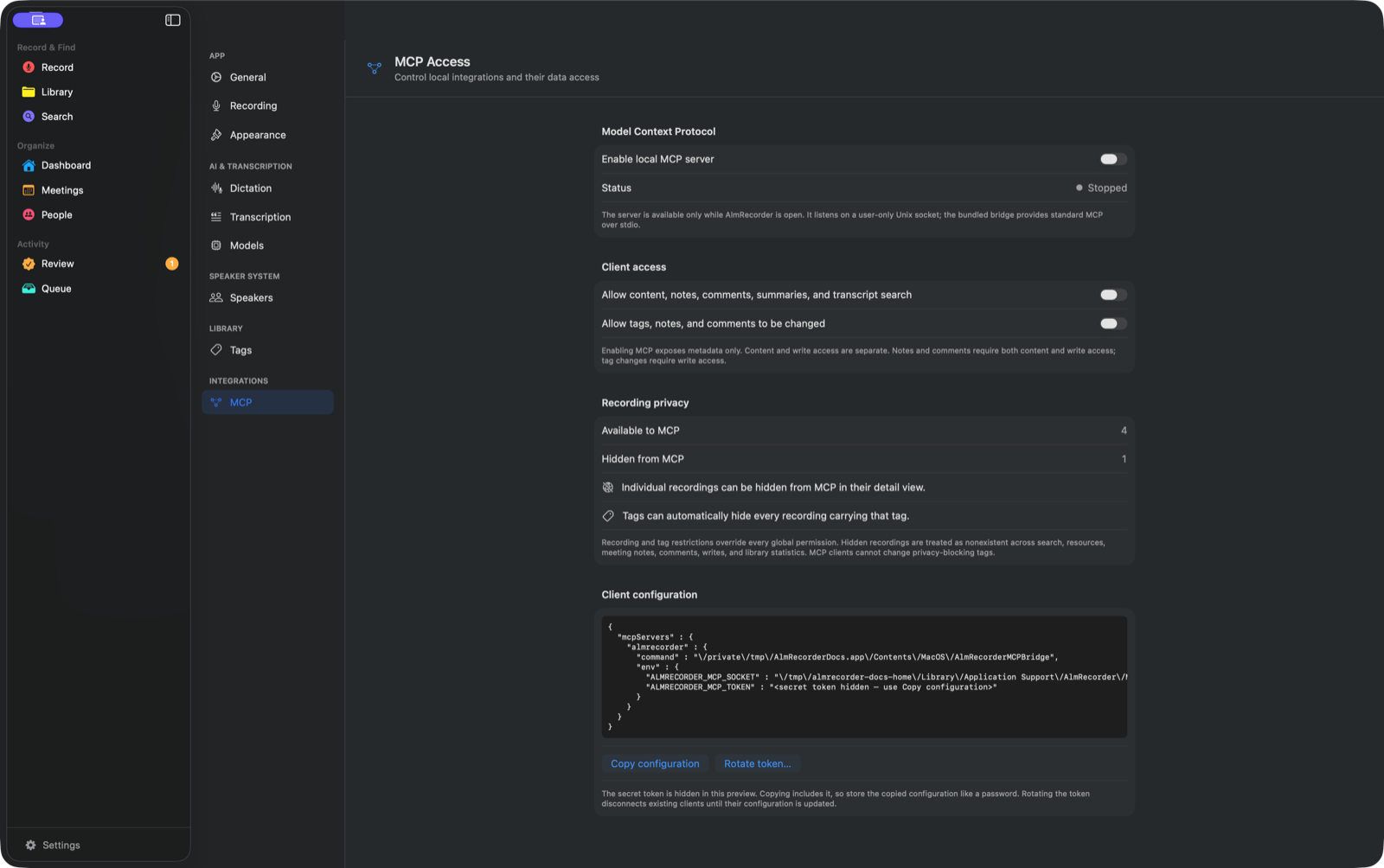 AlmRecorder MCP settings with separate controls for the server, content, changes, and private recordings.
