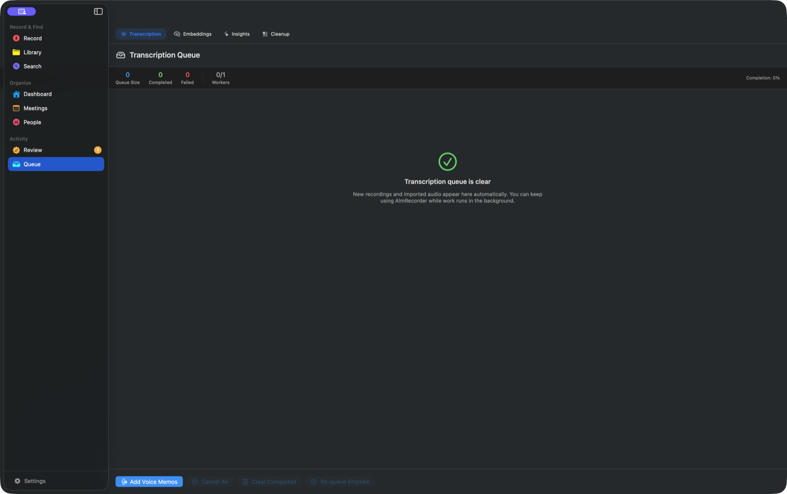 The AlmRecorder Queue with tabs for transcription, embeddings, insights, and cleanup.
