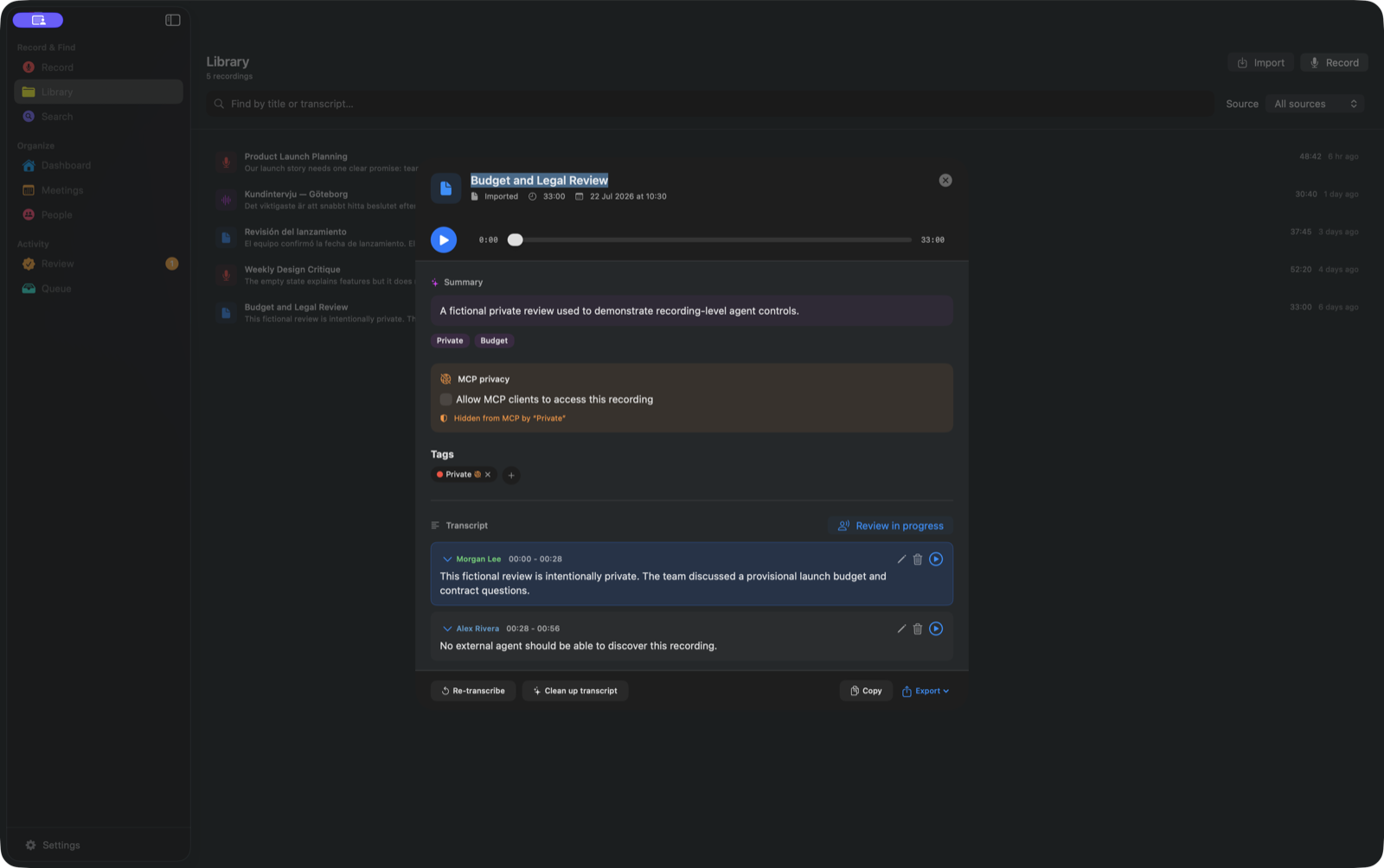 A private recording is hidden from MCP with a privacy tag.