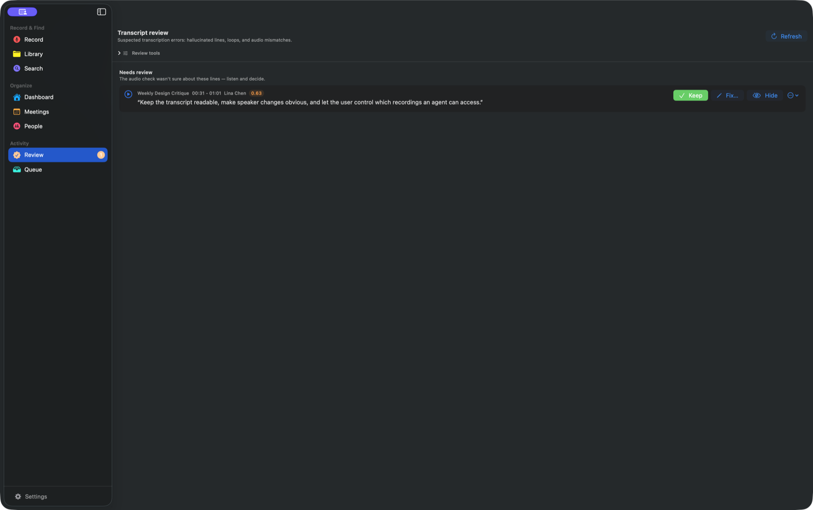 AlmRecorder Review shows one transcript line with Keep, Fix, and Hide actions.