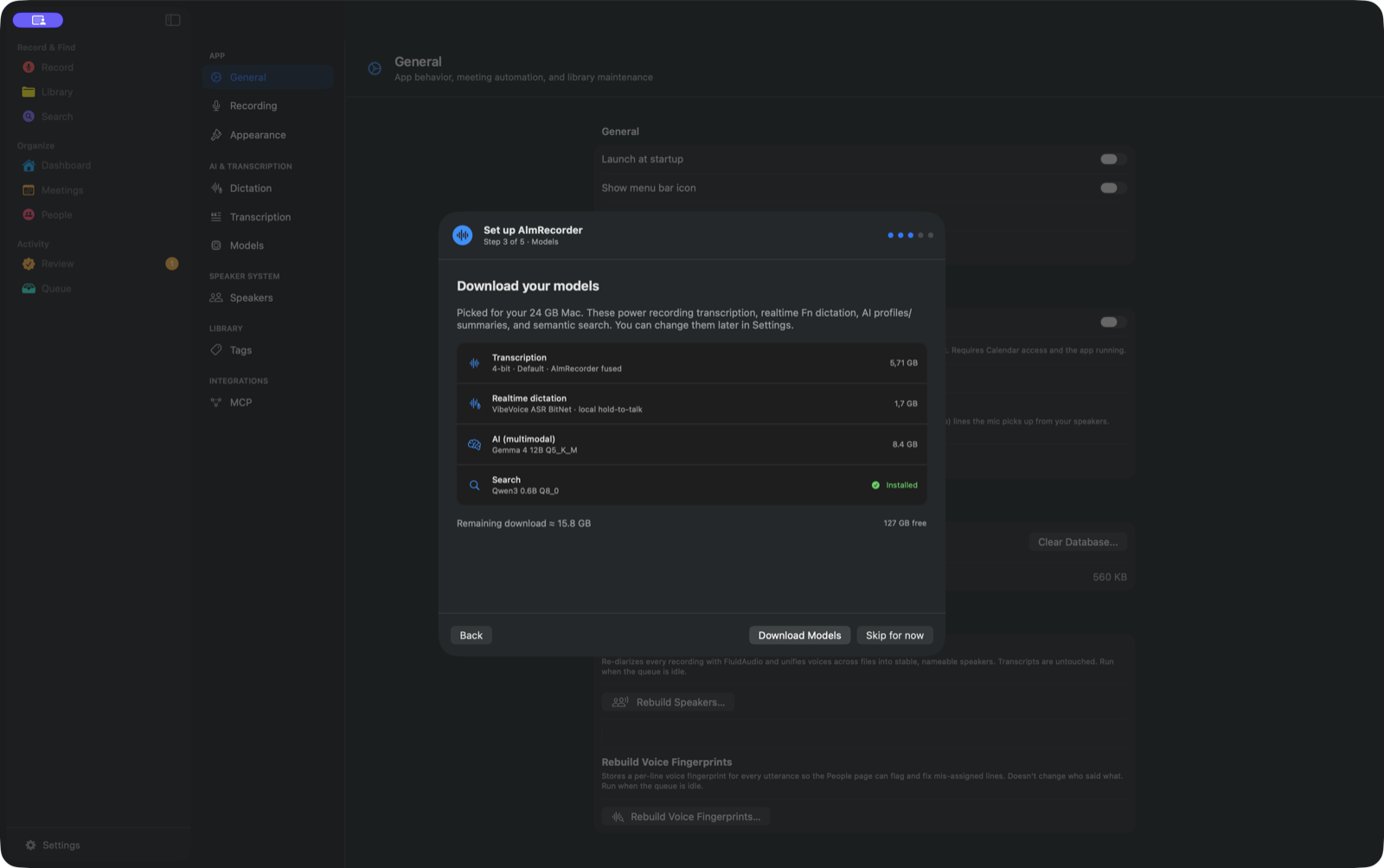AlmRecorder recommends four local model components and shows their download sizes.