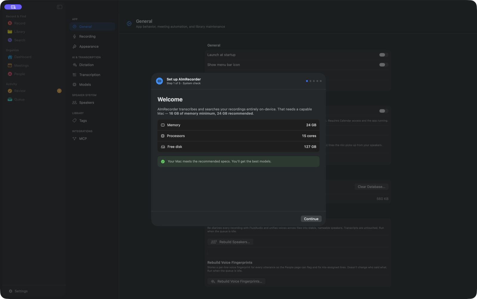 AlmRecorder system check showing memory, processor cores, free disk, and the recommended tier.