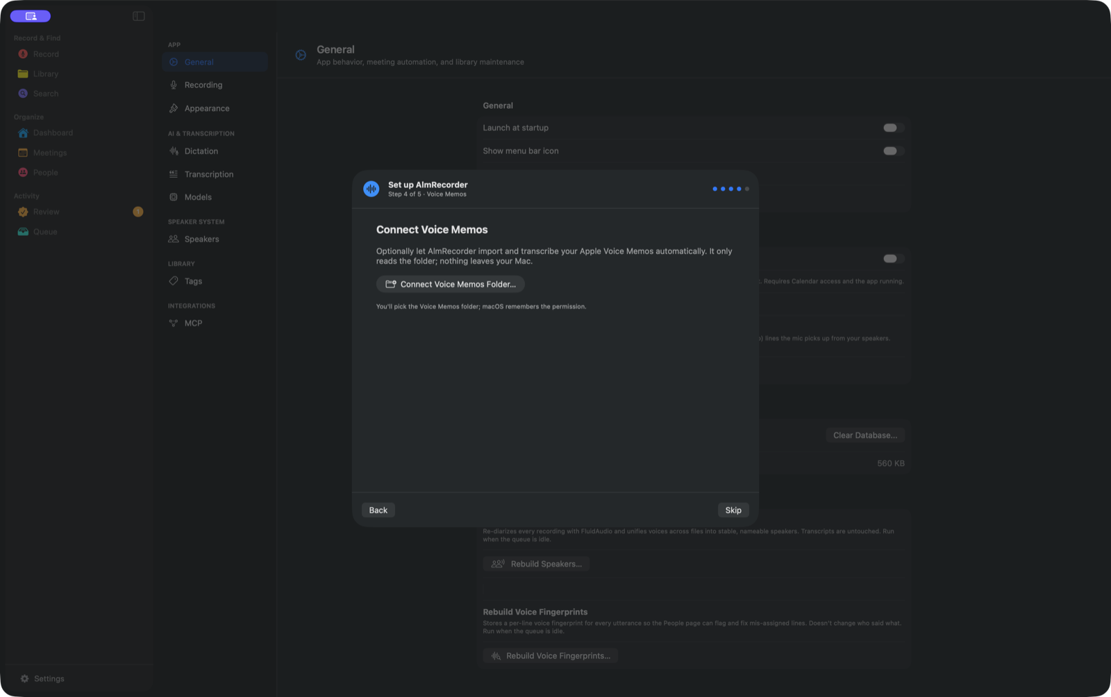 The AlmRecorder setup step for optionally connecting an Apple Voice Memos folder.