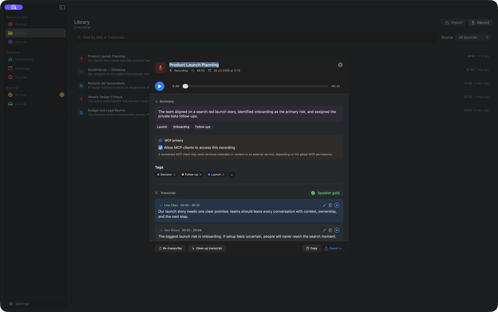 An AlmRecorder transcript with summary, tags, named speakers, and timestamps.