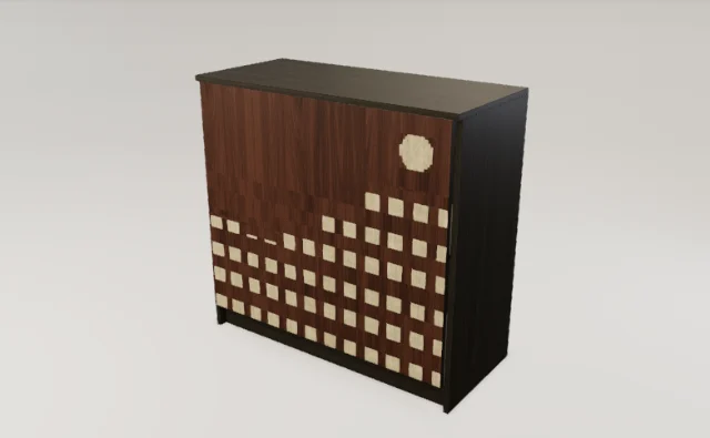 City cabinet: a wooden skyline across a single door, from the furniture builder